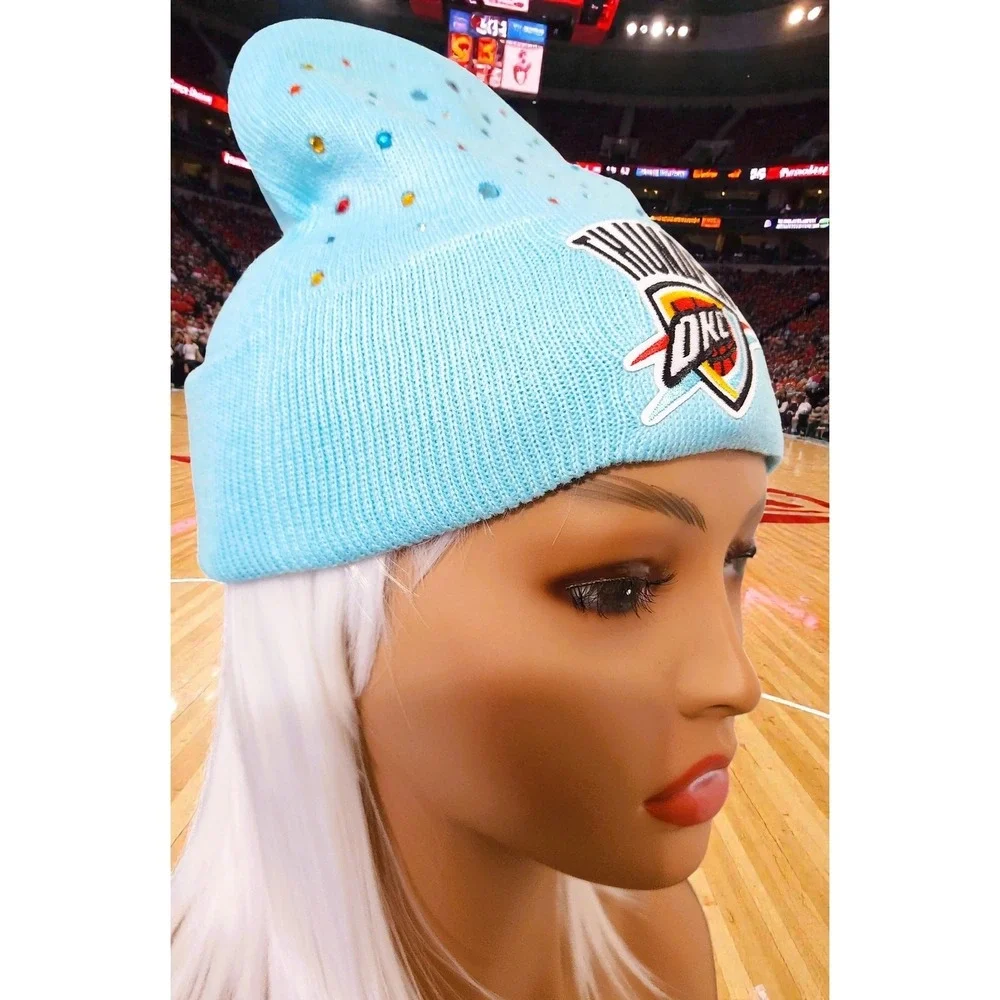 OKC Thunder Baby Blue Beanie‎ design with logo and rhinestones